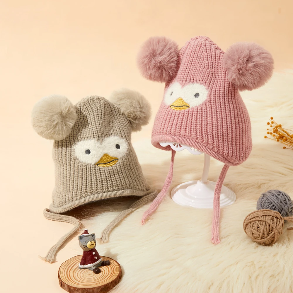 

Korean Style Baby Hat Autumn Winter Cartoon Duck Children's Warm Woolen Cap Cute Knitted Hood For Boys Girls 3-18 Month