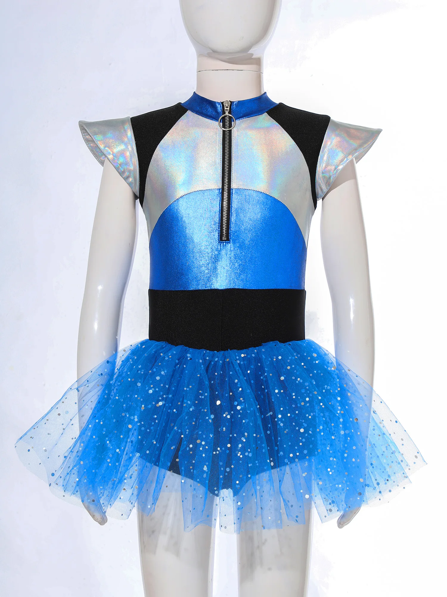 Kids Girls Alien Cosplay Costume Cheerleading Dance Dress Short Sleeve Shiny Spangles Tutu Leotard Halloween Party Dancewear