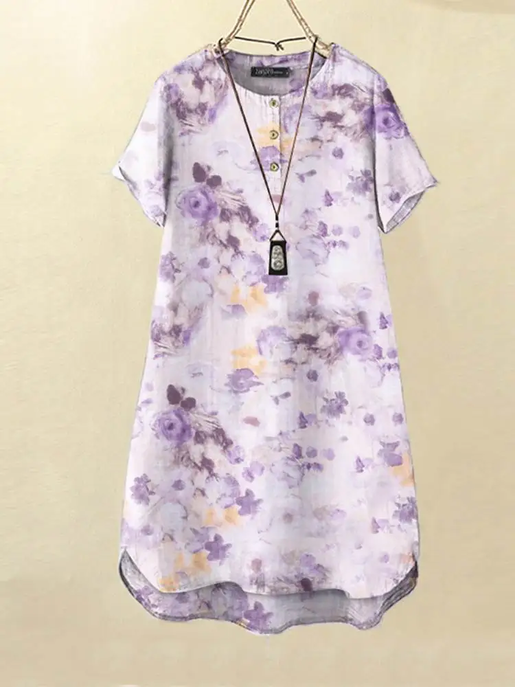 

Women 2023 Summer Shirtdress ZANZEA Casual Round Neck Short SLeeve Floral Printing Pockets Mini Dress Vintage Oversized Vestidos