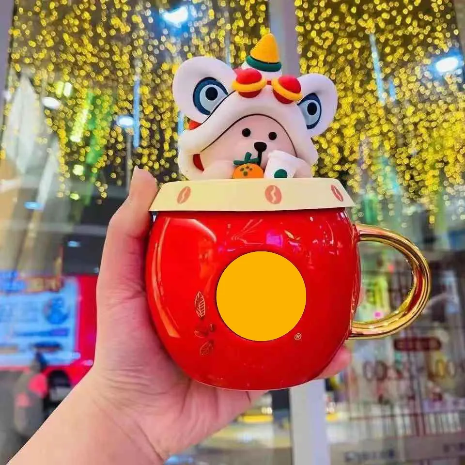 

Bear Drumming Red Ceramic Mug with Lid Coffee Mug Drinking Mug Office Mug