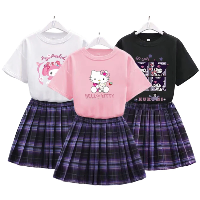 

New Summer Children Clothes Suit Girls Sanrio Hello Kitty Kuromi Short Sleeve T-Shirt+Pleated Skirt 2Pce Set Kids Preppy Dress