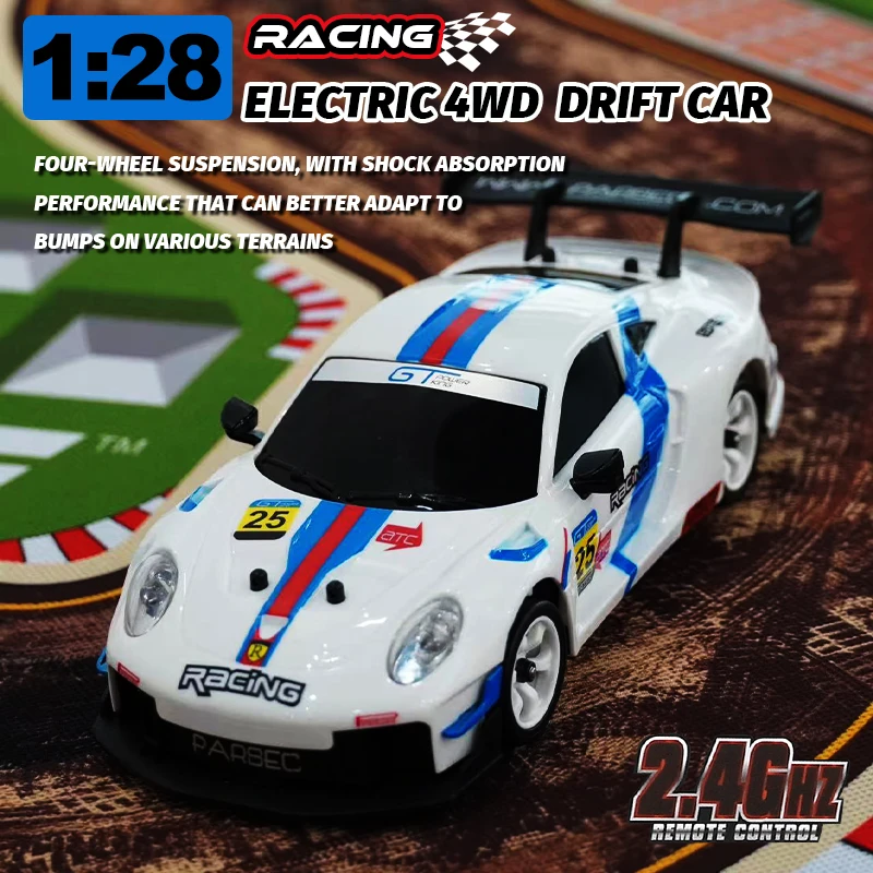 WLtoys 284019-A voiture télécommandée 4WD en action avec gyroscope, lumières LED allumées sur asphalte