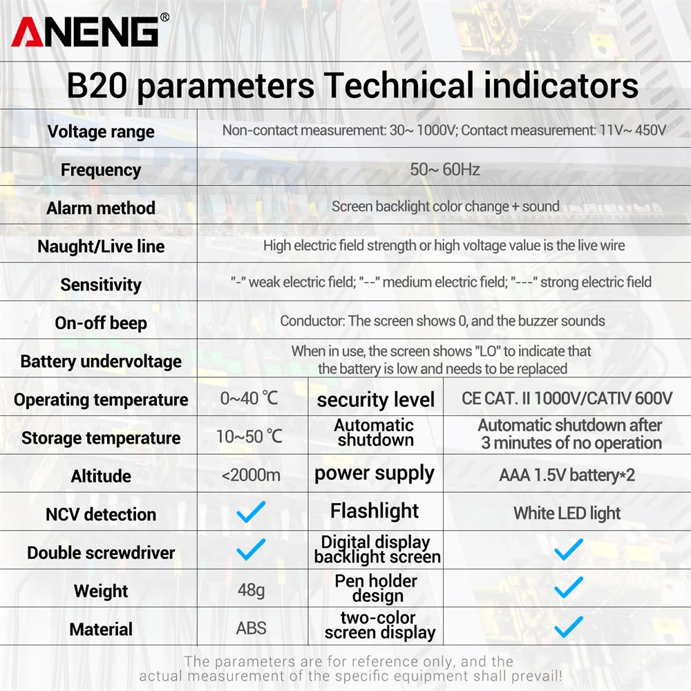 스마트 인식 듀얼 사용 전압 테스터 펜 ANENG B20 디지털 미터 AC 감지 11V 450V 이중 헤드 드라이버 포함