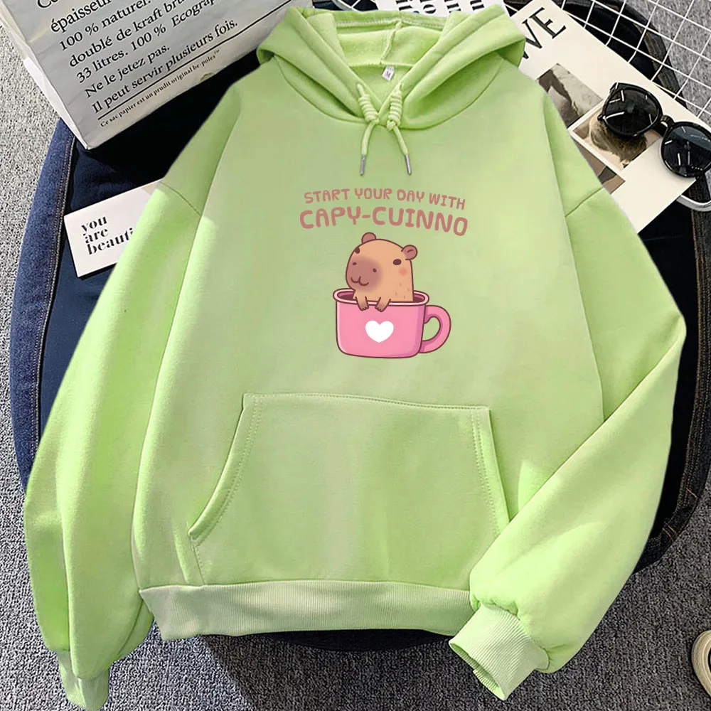 Cute Capybara Kawaii Printing Hoodies Start Your Day with CAPY-CUINNO Sweatshirts Casual Long Sleeve Women Clothing Sudaderas