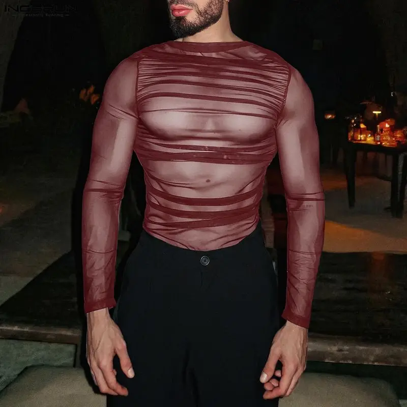 INCERUN Herren T-Shirt Mesh Transparent Sexy O-Ausschnitt Langarm Tee Tops Herren Streetwear Camisetas Plissiert 2026 Party Herrenbekleidung