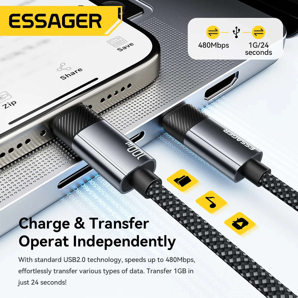Essager Massage USB C Cable PD100W Fast Charging for iPad Macbook iPhone 17 16 15 Type C to Type C Data Cord for Samsung Xiaomi