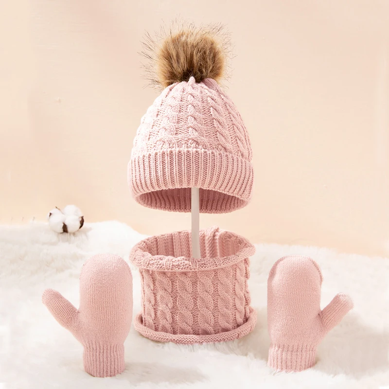 

Children Winter Warm Suits Knitted Hat Scarf and Gloves Set For Girls Boy Pompoms Baby Beanies Cap Christmas Gifts For Kids