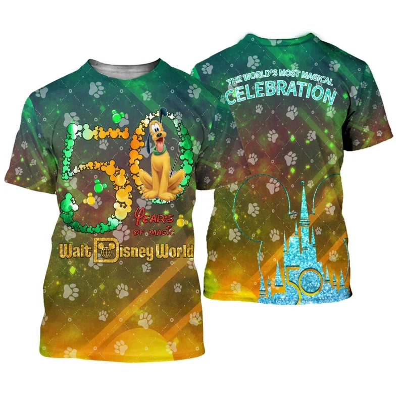 Pluto Dog Green Yellow Paws Glitter Castle Mickey Head Disney 50Th Anniversary T-Shirt Casual Unisex Outfit Abbigliamento Uomo Donna