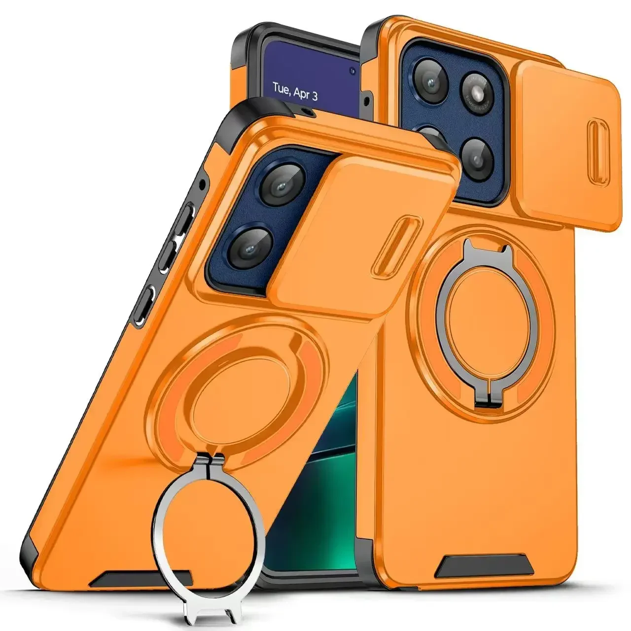 Heavy Duty Armor Magnetic Ring Holder Case with Slide Lens Protector