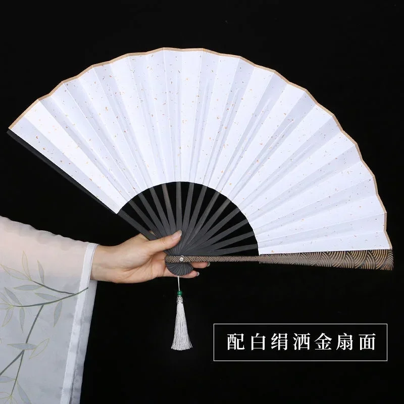 New Chinese Style Hand Fan Cloud Pattern Carved Gold Sprinkling Waterproof Raw Silk Antique Tassel Men And Women Dance Fans