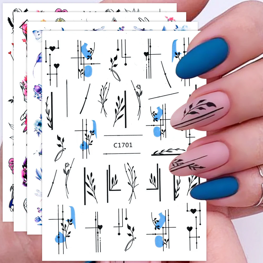 1 Pc Nail Stickers Line Leaves 3D Sliders Geometry Flowers Adhesive Gel Sliders Decals Manicure Nail Art Decorations NLZ217#8*10 butterflies flower nail art stickers holographics transfer sliders decals nail art decorations stickers fashion manicure sticker