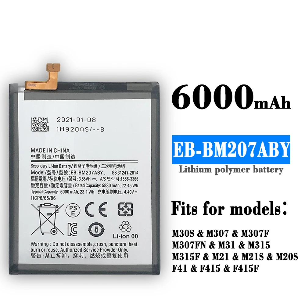 

100% Original 6000mAh EB-BM207ABY For SAMSUNG Galaxy M30s SM-M3070 M3070 M21 M31 M215 Phone Battery With Tracking number