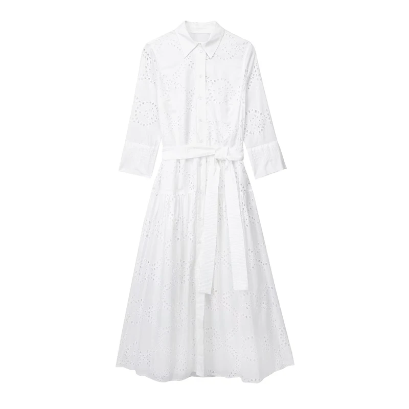 

Summer New Hollow Embroidery Single Breasted Lapel Long Sleeve Dress Elegant White Belt Long Dress