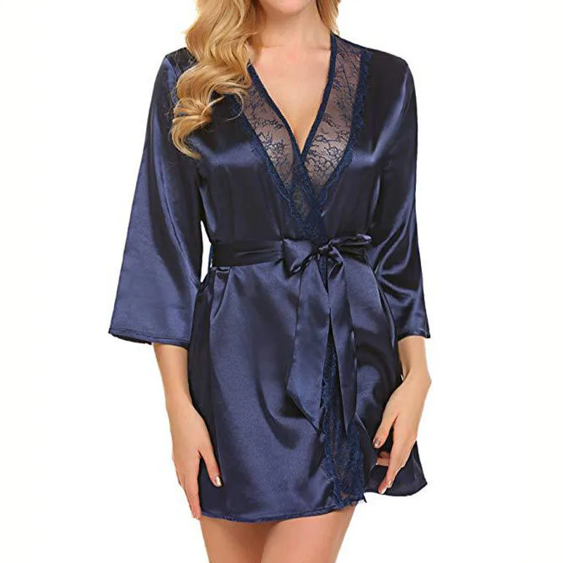 Women Sexy Lace Satin Robe Sleepwear Short Nightgown Kimono Bathrobe Lingerie Nighty Dress Soft Comfortable Black Plus Size