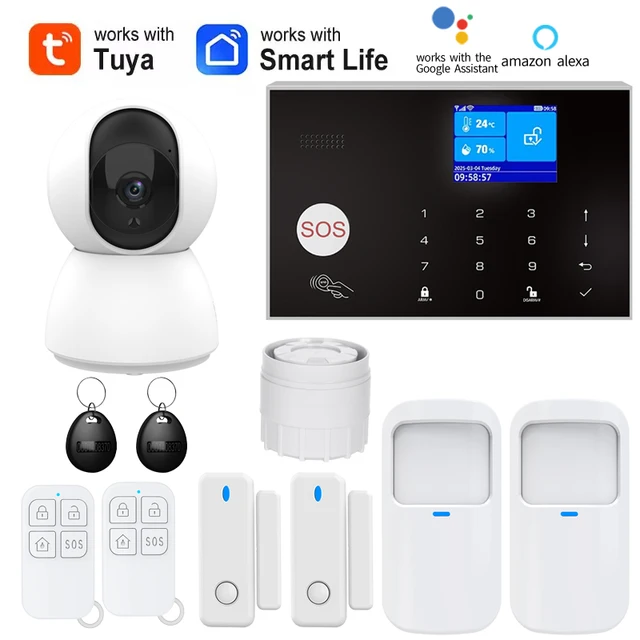 Caméra WIFI système d'alarme GSM sans fil système d'alarme de sécurité anti-cambriolage à domicile Tuya APP contrôle sirène détecteur de mouvement capteur de fumée PIR 1