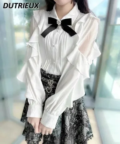 Japanese Rojita Shirt Women Mine Mass-Produced Pearl Collar Lace Patchwork Ruffled Long Sleeve Tops Blusas Mujer De Moda 2024