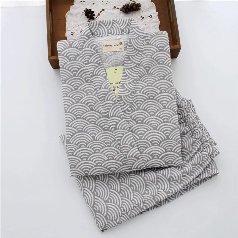 Men Japanese Kimono Pajamas Wave Patterned Long Sleeved Shirt Trousers Set Cotton Gauze Loose Fit