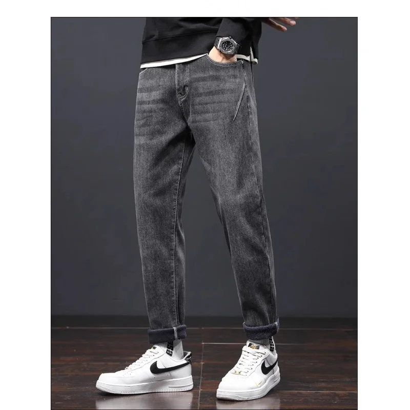 Men's spring trend slim jeans loose casual pants spring and autumn Joker cropped pants men's .