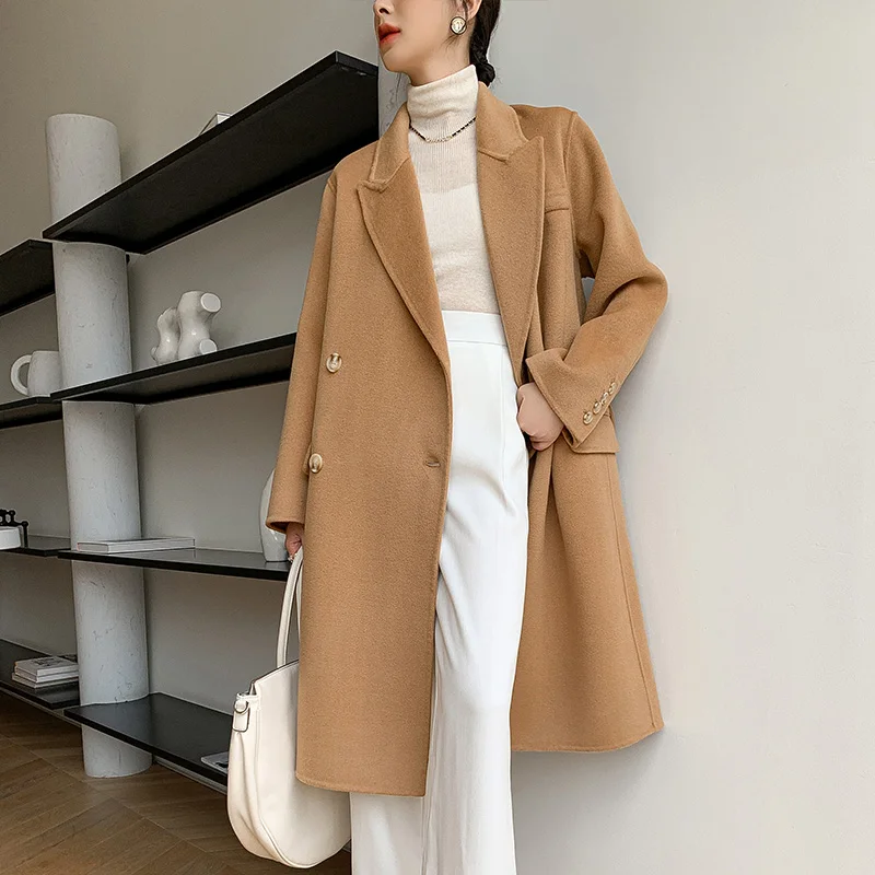 Hot Selling Autumn And Winter New 100 Cashmere Coat Women's Double Breasted Long Thick Warm Wool Coat