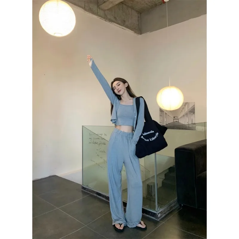 

Women's Suit Early Autumn New Solid Color Sunscreen Knitted Cardigans Slim Tank Top Casual Wide Leg Pants Lazy Style Three Piece