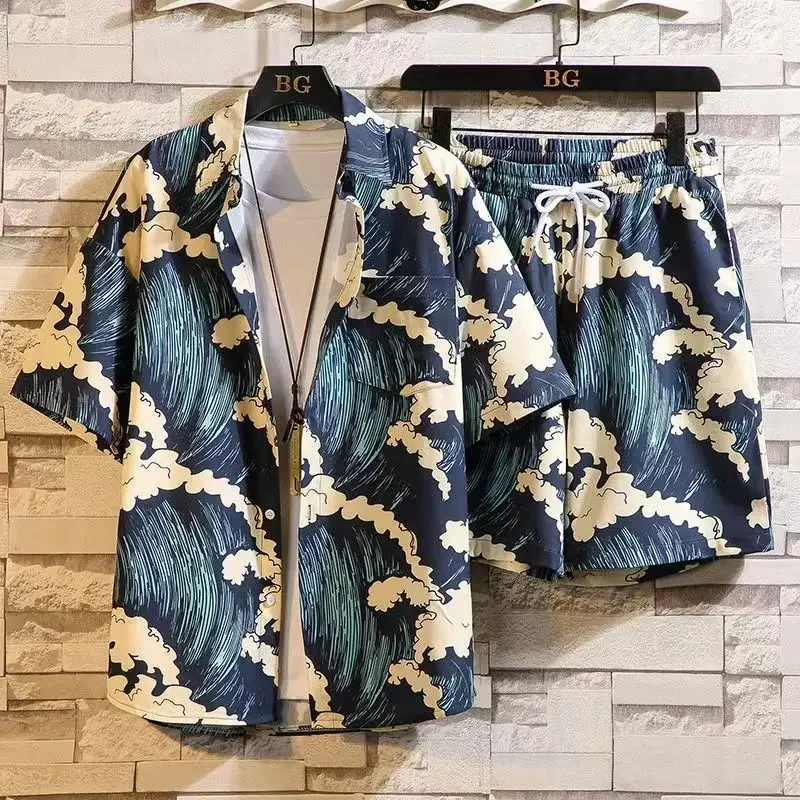 thumbnail image 1 of Conjuntos de camisas para hombre, estampado gráfico, ropa de playa elegante, camisetas esenciales, pantalones cortos, trajes para hombres, Kpop, moda suelta 2024, genial, 1 of 4