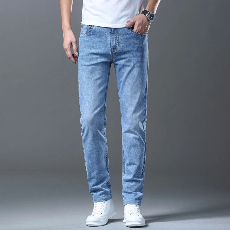 New Men's High Quality Slim Jeans Fashion Classic Style Business Straight Stretch Denim Pants Male Brand Trousers Blue Black 2