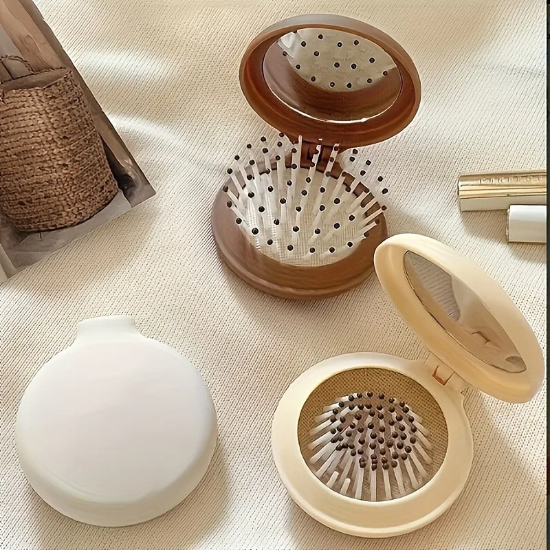 여자아이들을 위한 휴대용 미니 에어쿠션 빗이 달린 귀여운 작은 거울, 접이식 에어쿠션 빗, 마사지 빗, 거울 일체형