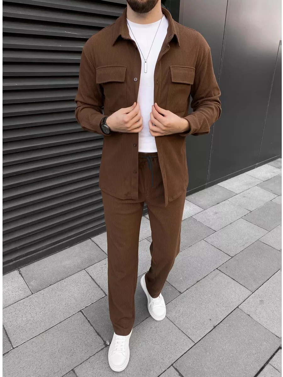 2025 Men's simple new front buckle lapel double pocket long sleeve two-piece casual sports solid color striped fashion comfortab 5
