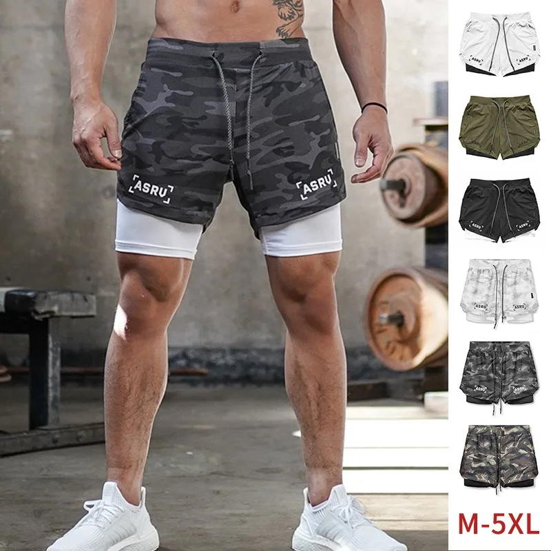 Summer Men's Shorts Fake Two Piece Sports Outdoor Multi-Pocket Running Training Fitness Pants