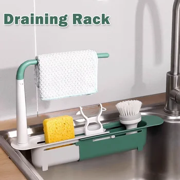 Multifunctional Telescopic Sink Storage Rack Upgraded Adjustable Holder For Kitchen Sponge Organizer With Drainer Basket 1