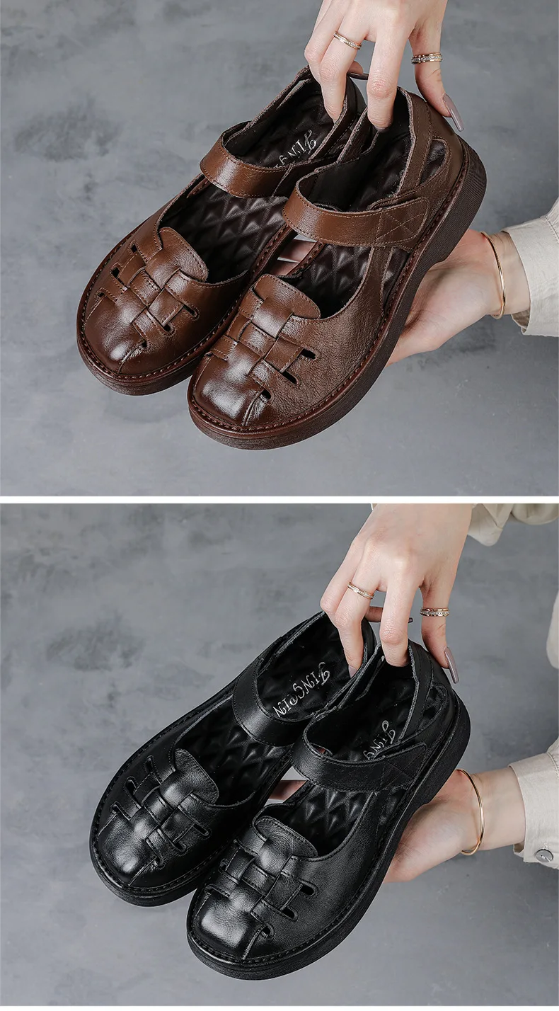 ZXRYXGS 2025 New Summer Round Toe Weave Genuine Leather