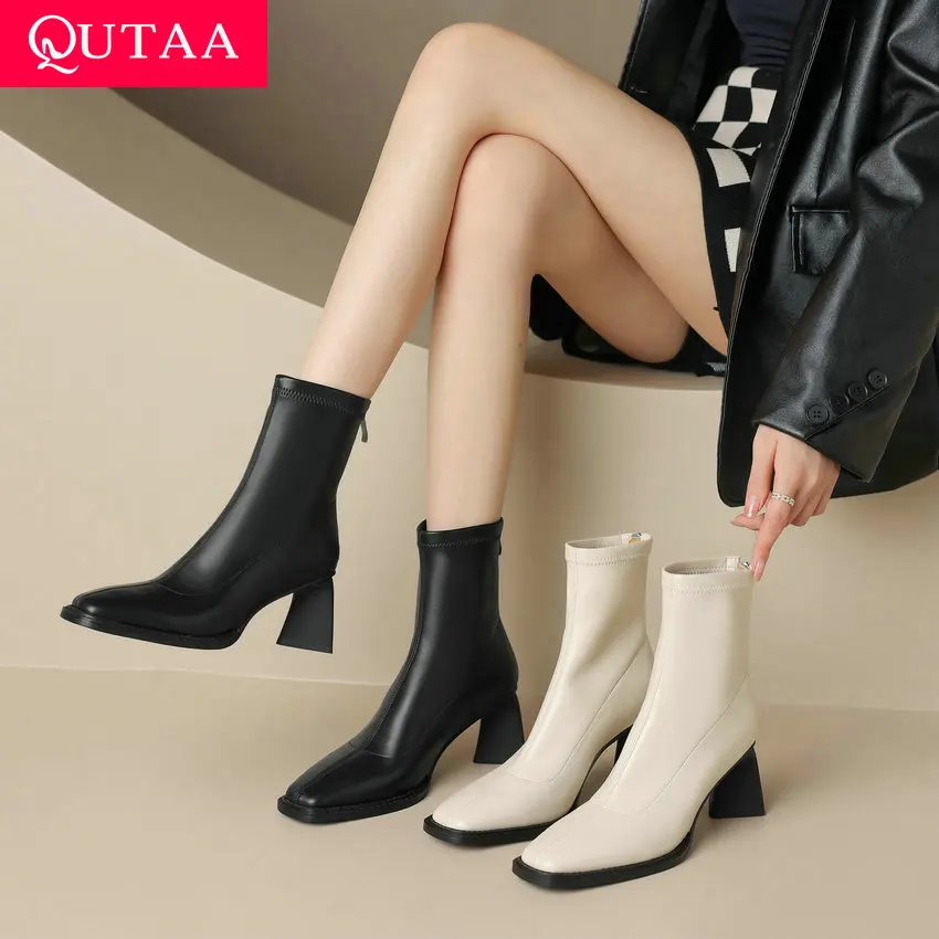 

QUTAA 2024 Casual Leisure Women Ankle Boots Stretch Platforms Zipper Platform Thick High Heels Shoes Woman New Size 34-42