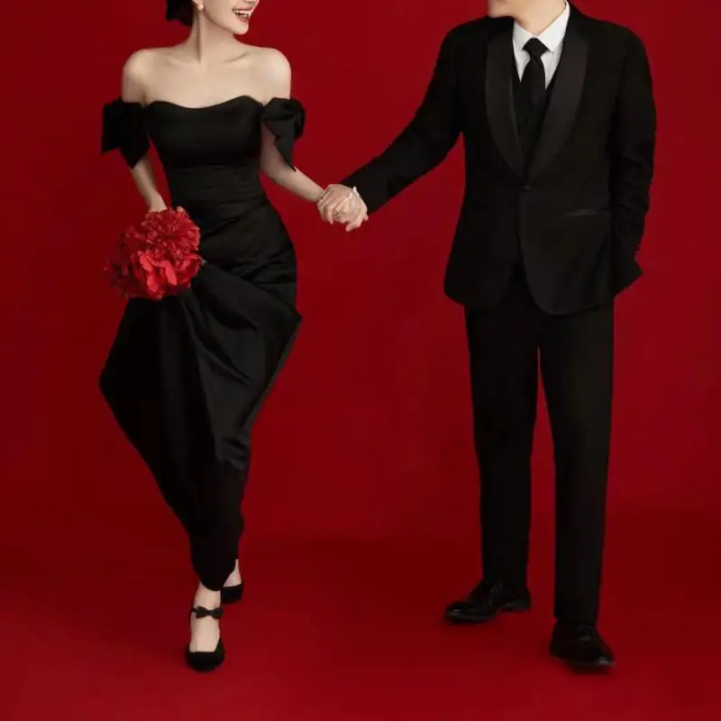 Sweet Bow Off The Shoulder Wedding Dresses Satin Black Evening Dress Elegant Floor-length A Line Simple Bridal Dress Customized 5