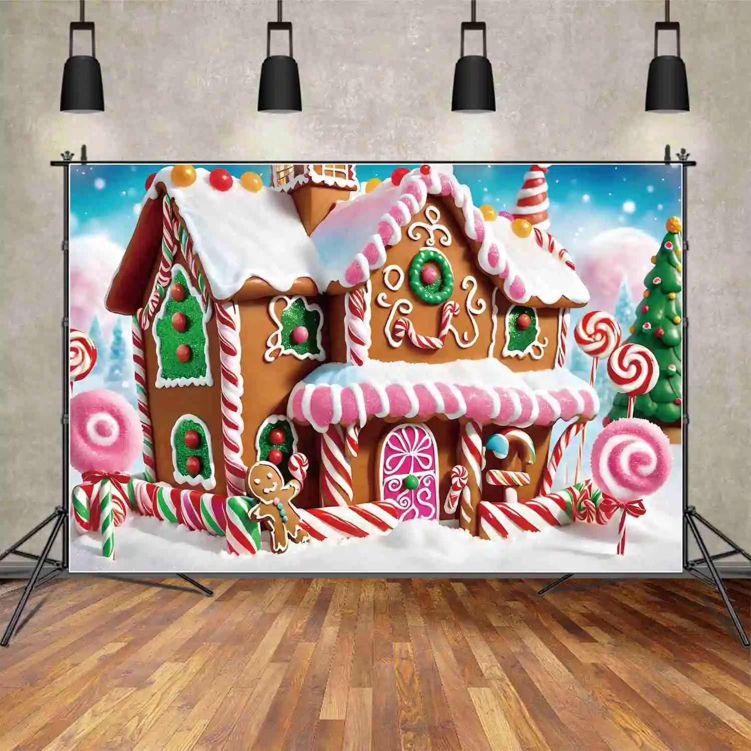 Moon.Qg Fondale Bambini Festa Di Natale Sfondi Photozone Baby Gingerbread House Cabin Home Tree Ball Puntelli Fotografici