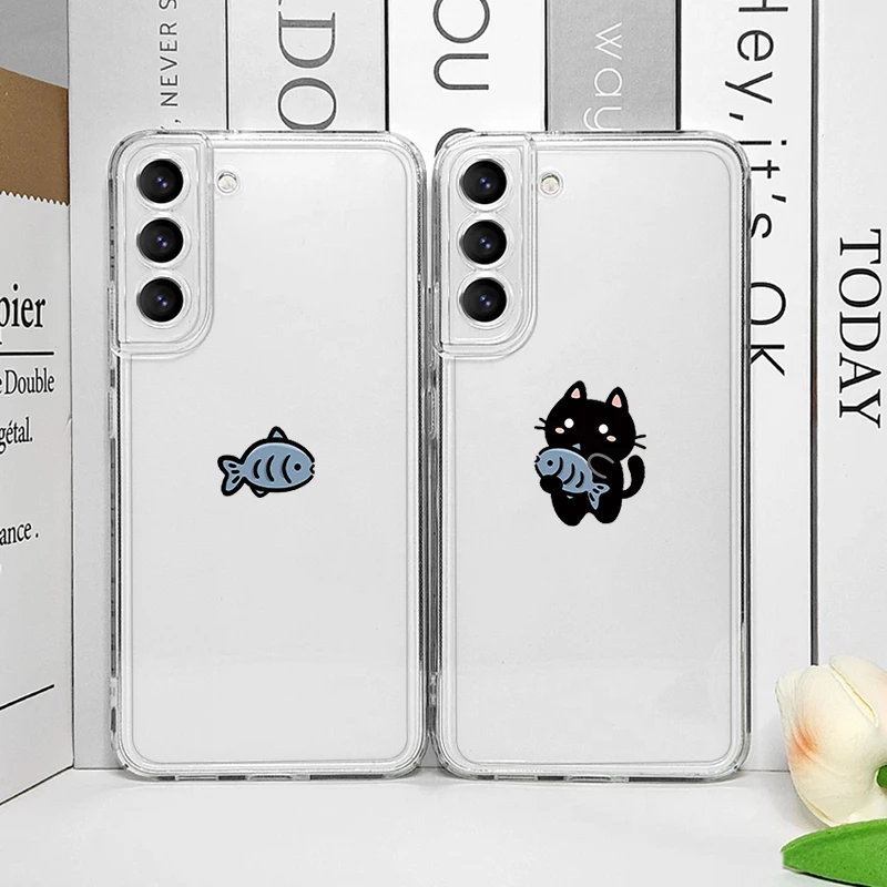 Whimsical Cartoon Cat & Fish Couple Clear Soft Phone Case