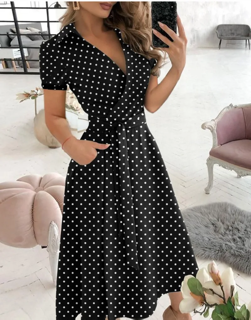 Print High Waist Slim V-Neck Printed Short-Sleeved Dress