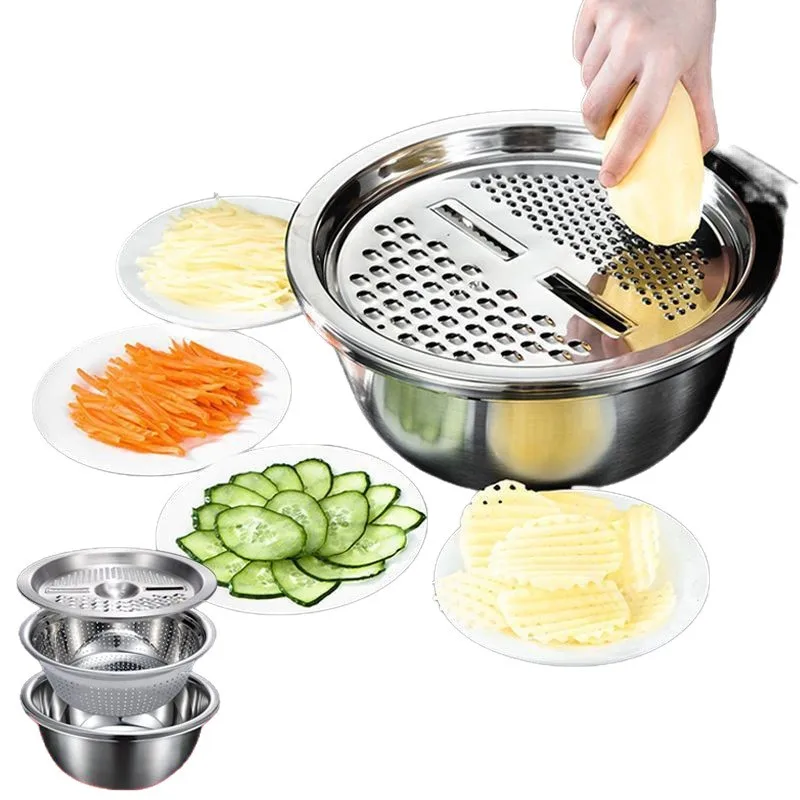 3PCS/Set Vegetable Slicer, Stainless Steel Slicer Potato Slicer Vegetable Cleaning Basin Drainage Basket Vegetable Cutting Tool