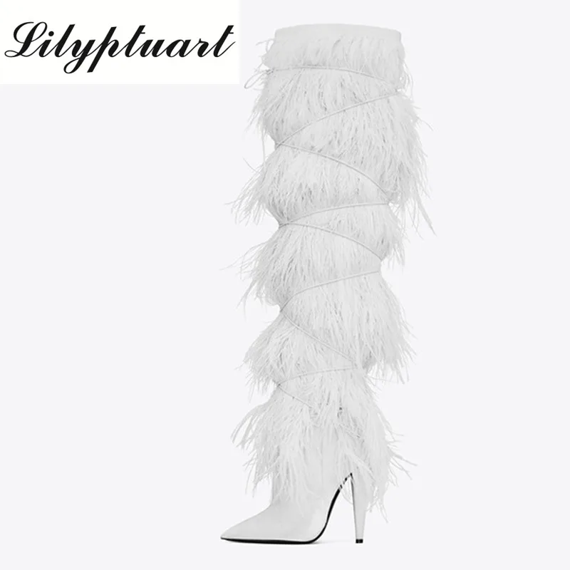 Women's Feather Boots Autumn and Winter Fashion Cross Tie Knee High Heel Party Shoes Sexy Ostrich Feather Catwalk Boots