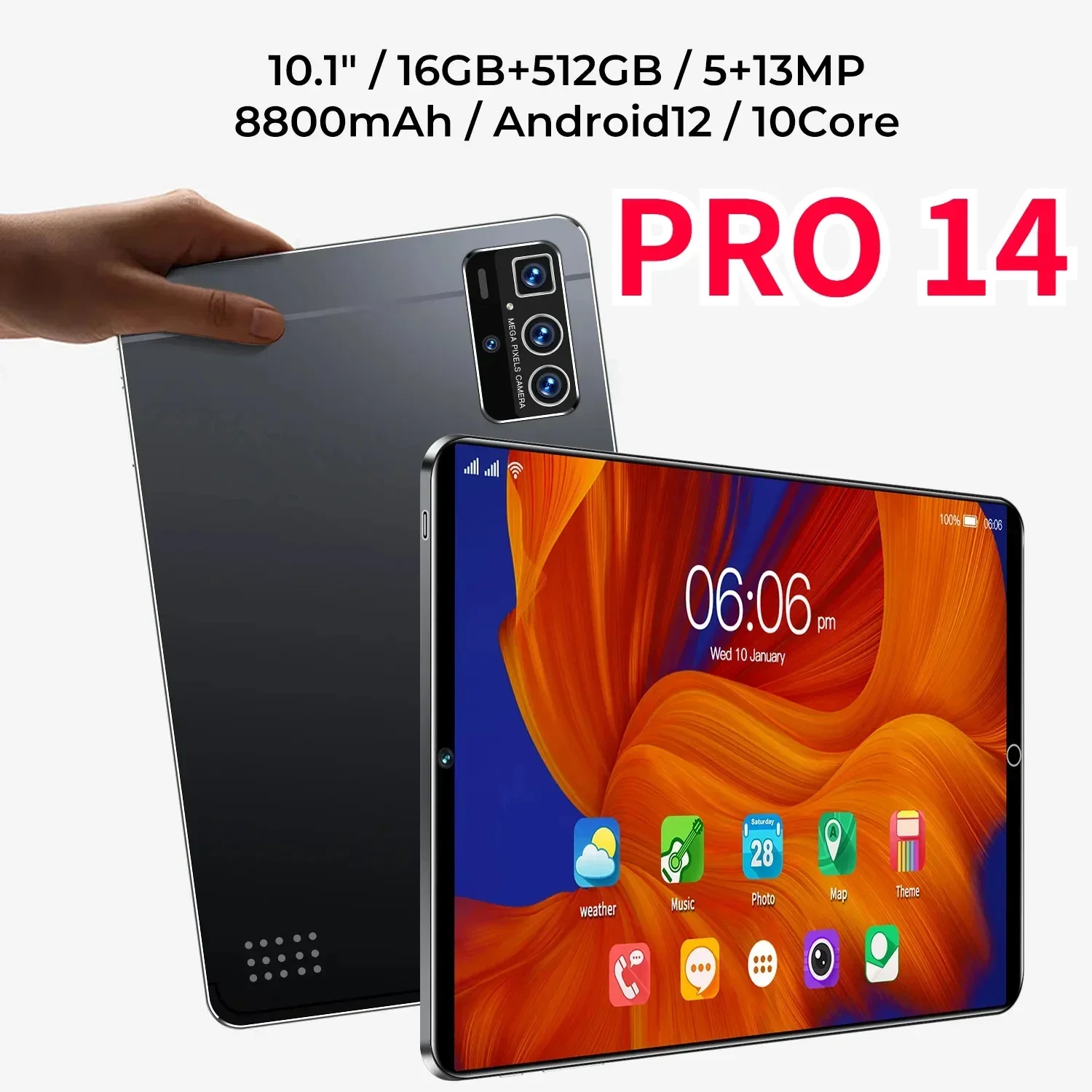 노트북 5G 듀얼 SIM 카드 또는 와이파이 구글 플레이 태블릿용 글로벌 버전 태블릿, 10.1 인치 HD 안드로이드 프로 14, 16G + 512GB, 신제품