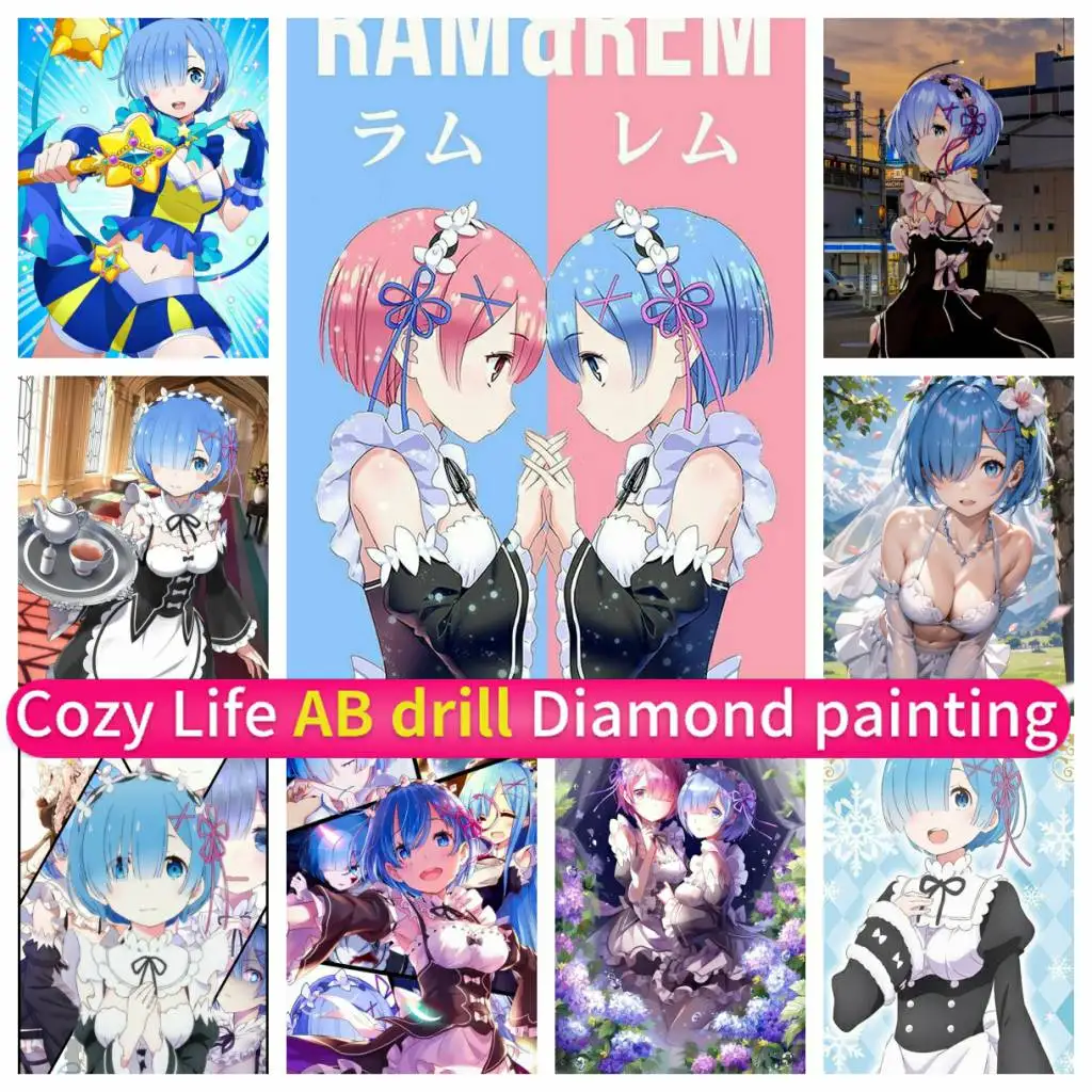 

Набор для алмазной вышивки ReZero-Rem, японское аниме 5D AB мозаика «сделай сам», Набор для вышивки корсса, полная прорезь, Круглый, квадратный, ручная работа