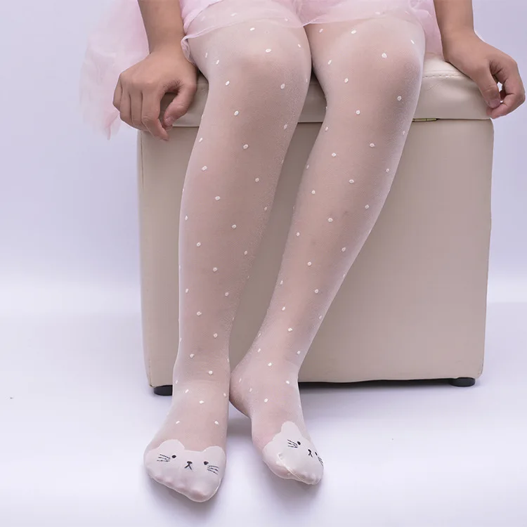 Spring Summer Girls Tights Cartoon Cats Thin Silk Pantyhose for Kids Candy Color Dot Dance Stocking Tights for Girls
