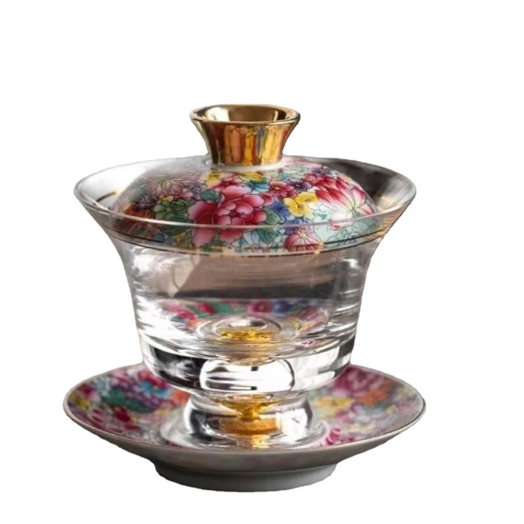 Enamel Colored Glass Gaiwan Puer Tea Bowls Crystal Tea Bowl Tureen Lid Bowl Lotus Hand Drawing Gaiwan Travel Gai Wan Cup Set