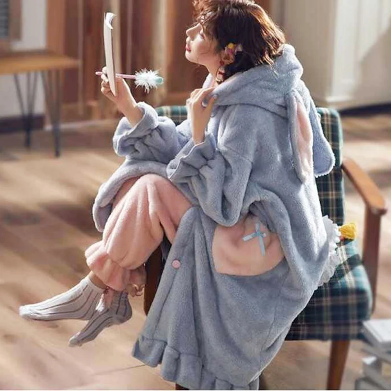 Sweet Cartoon Sleepwear Long Ears Rabbit Flannel Nightgowns Women Plush Robe Kawaii Hooded Nightdress Coral Fleece Pajamas Set