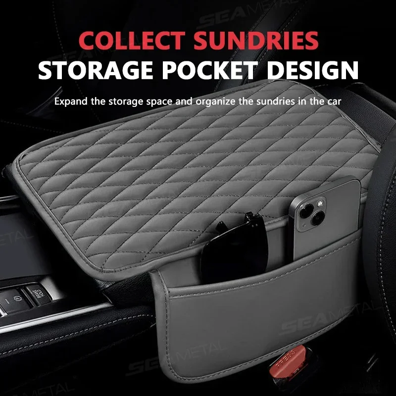 Leather Car Armrest Storage Pad with Pocket for Driving Comfort