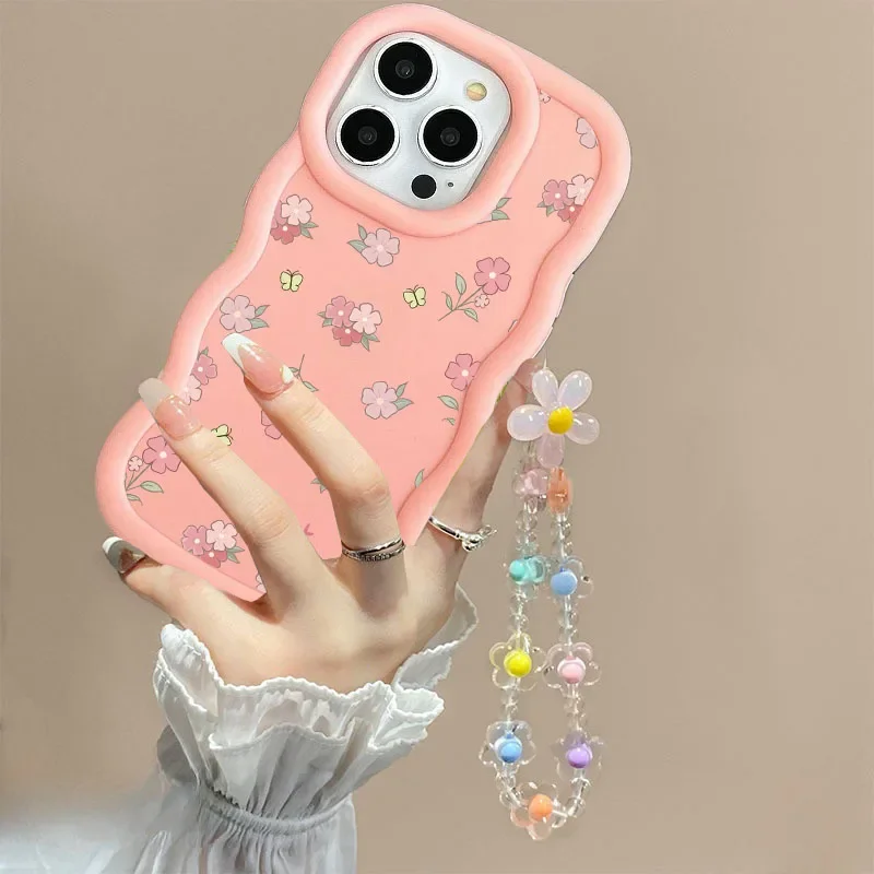 Bow Flower Lanyard Wavy Edge Phone Case