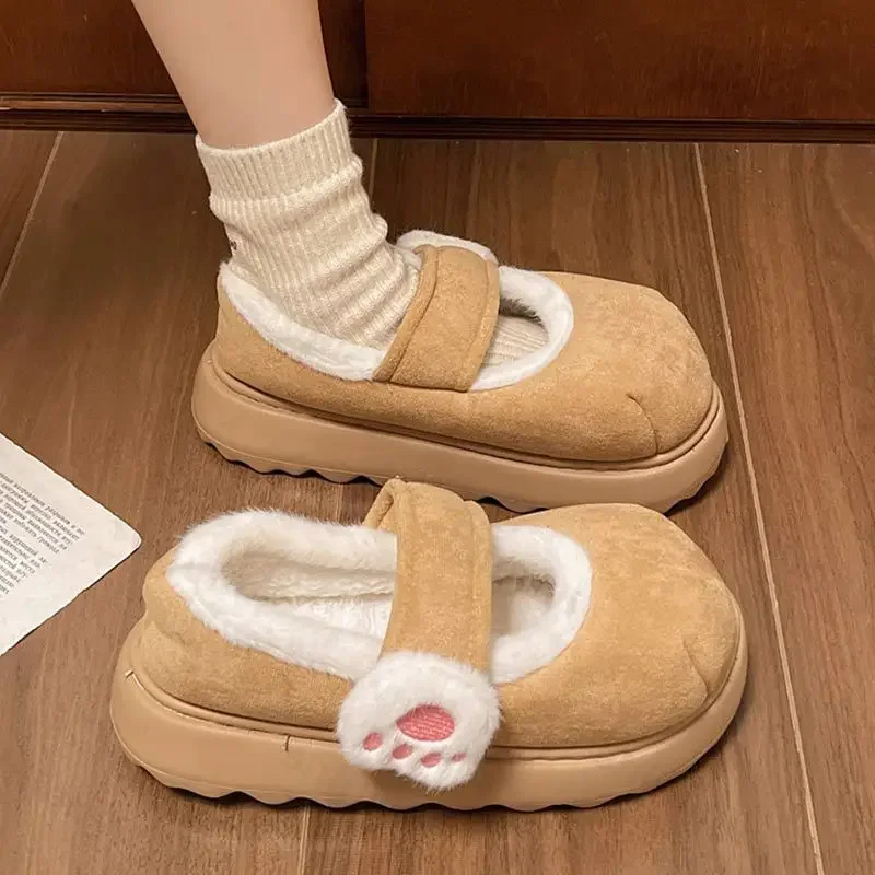 Cute Cat Paw Cotton Snow Boots Shoes for Women New 2025 Winter Velvet Thick Sole Outdoor Shoes Warm Round Toe Lazy Casual Shoes 3