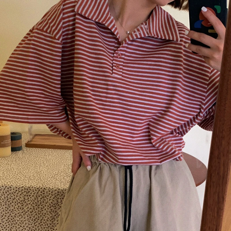 

Summer Striped Print Short Sleeve Women Polo T Shirts Student Fashion Vintage Harajuku Oversized Clothing Daily Sports Red Green