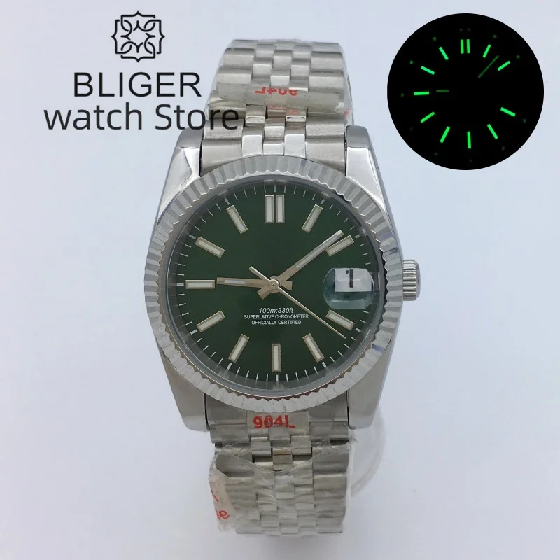 

BLIGER 36mm 39mm Sapphire Glass Green Dial Date Green Luminous Japan NH35A Movement Automatic Watch For Men Silver Jubilee strap