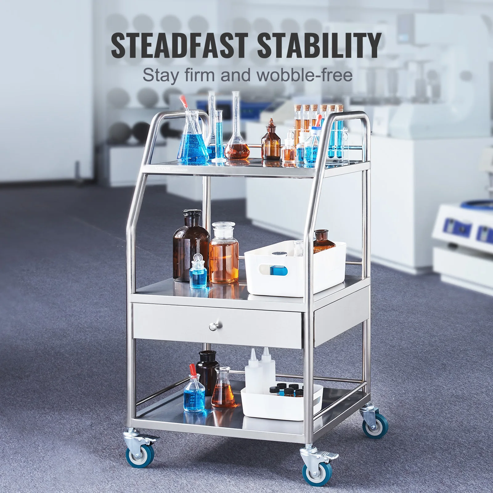 Stainless Steel 3 Layer Lab Serving Cart with Lockable Wheels
