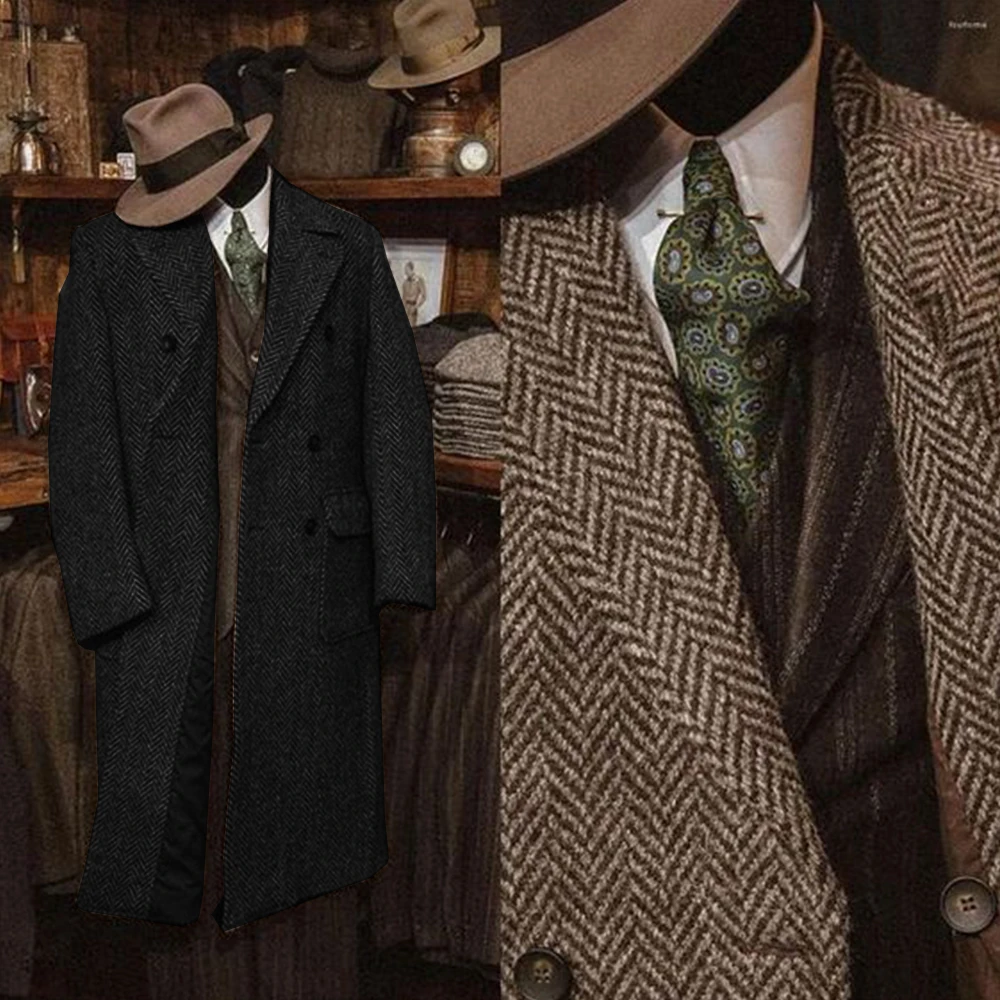 2024 New Men's Herringbone Pattern Tweed Long Jacket Slim Fashion Design Men's Jackets Winter Men's Clothing Casual Business